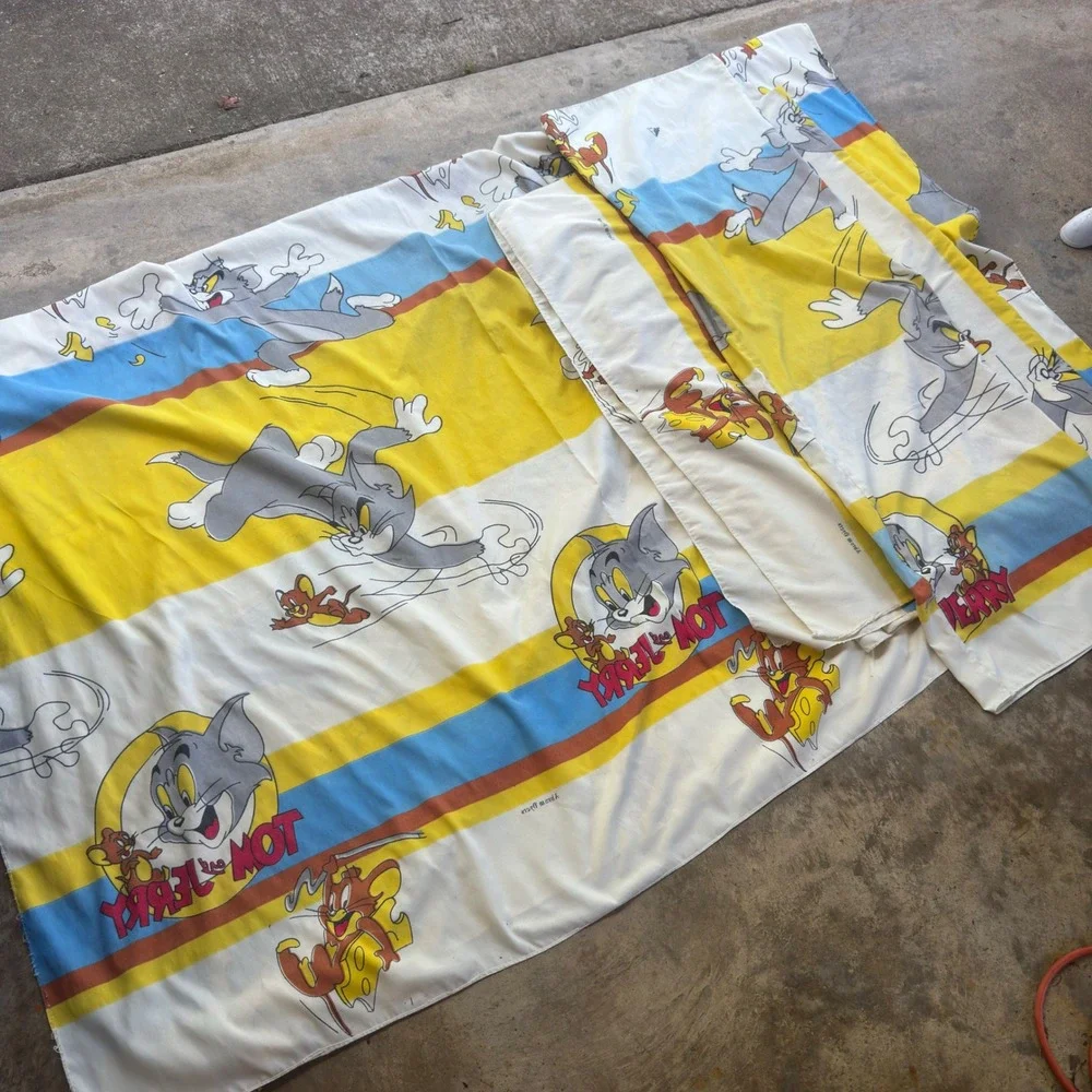 Vintage 90s Abram Dyers Tom and Jerry 2 Sheets Flat + Pillowcase Set Blue g5a